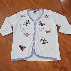 Storybook Knits Cardigan with Butterfly Embroidery - White and Purple Sz L